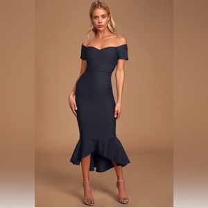 Lulu’s How Much I Care Midnight Blue Off-the-Shoulder Midi Dress
